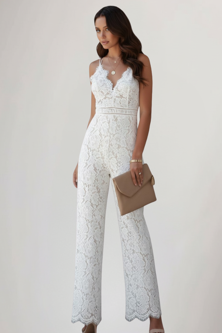 Ärmelloser Spitzen-Jumpsuit mit V-Ausschnitt und weitem Bein für Damen-Jumpsuits for women-Alpenkind