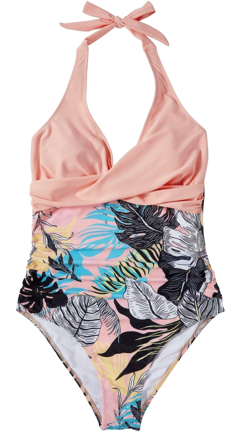 Damen-Badeanzug mit Nackenträger, V-Ausschnitt und Blattmuster-Swimwear for women-Alpenkind
