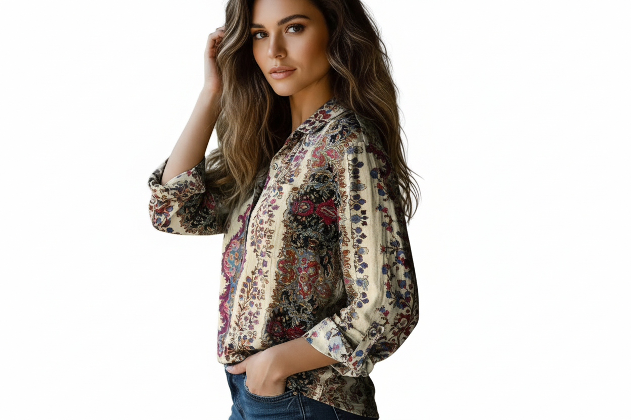 Damen Bluse mit Ornamentdruck und Knopfleiste-Shirts for women-Alpenkind