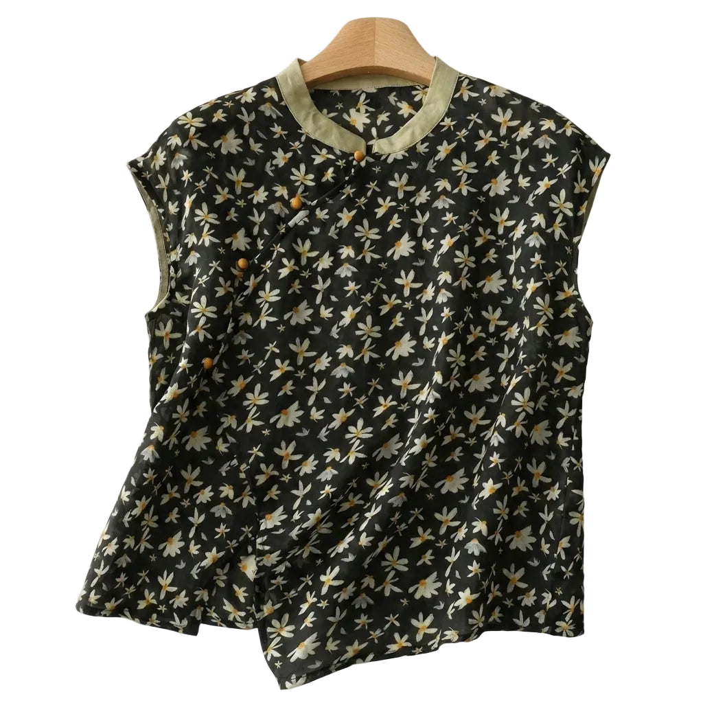 Damen-Bluse mit Stehkragen, asymmetrischer Knopfleiste und floralem Muster-Blouse for women-Alpenkind
