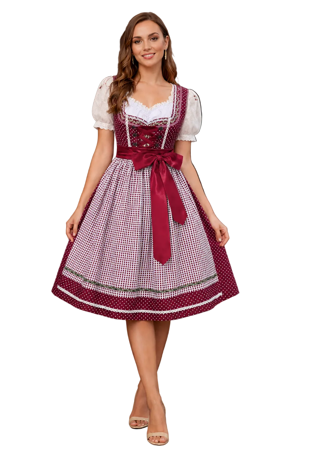 Damen Dirndl Kleid mit Punktmuster, Zierschnürung und Taillenschleife-Dirndl for Women-Alpenkind