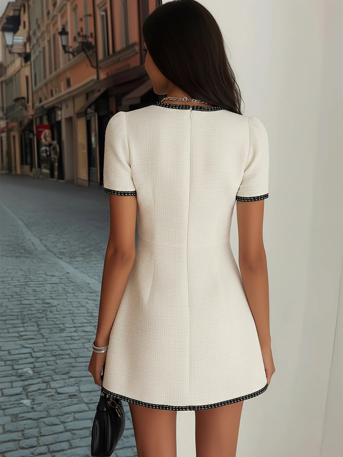 Damen Kurzarm Mini Kleid mit Knopfleiste und Kontrastbesatz-Mini Dress-Alpenkind