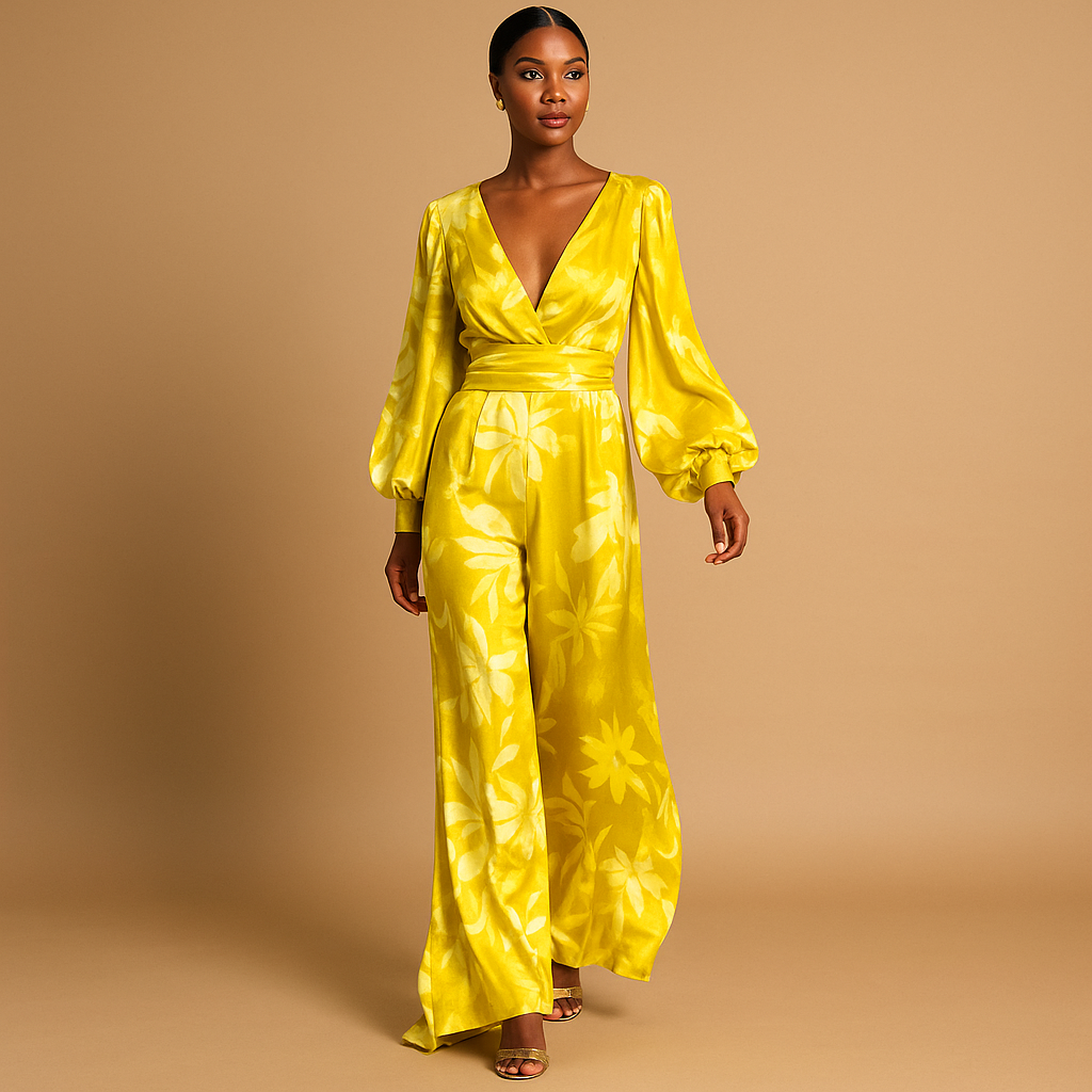 Damen Langarm Maxikleid mit V-Ausschnitt und geraffter Taille-Maxi Dress-Alpenkind