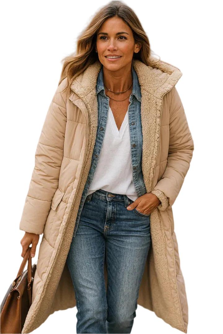 Damen Langer Steppmantel mit Kapuze und Innenfutter-Women Outerwear-Alpenkind