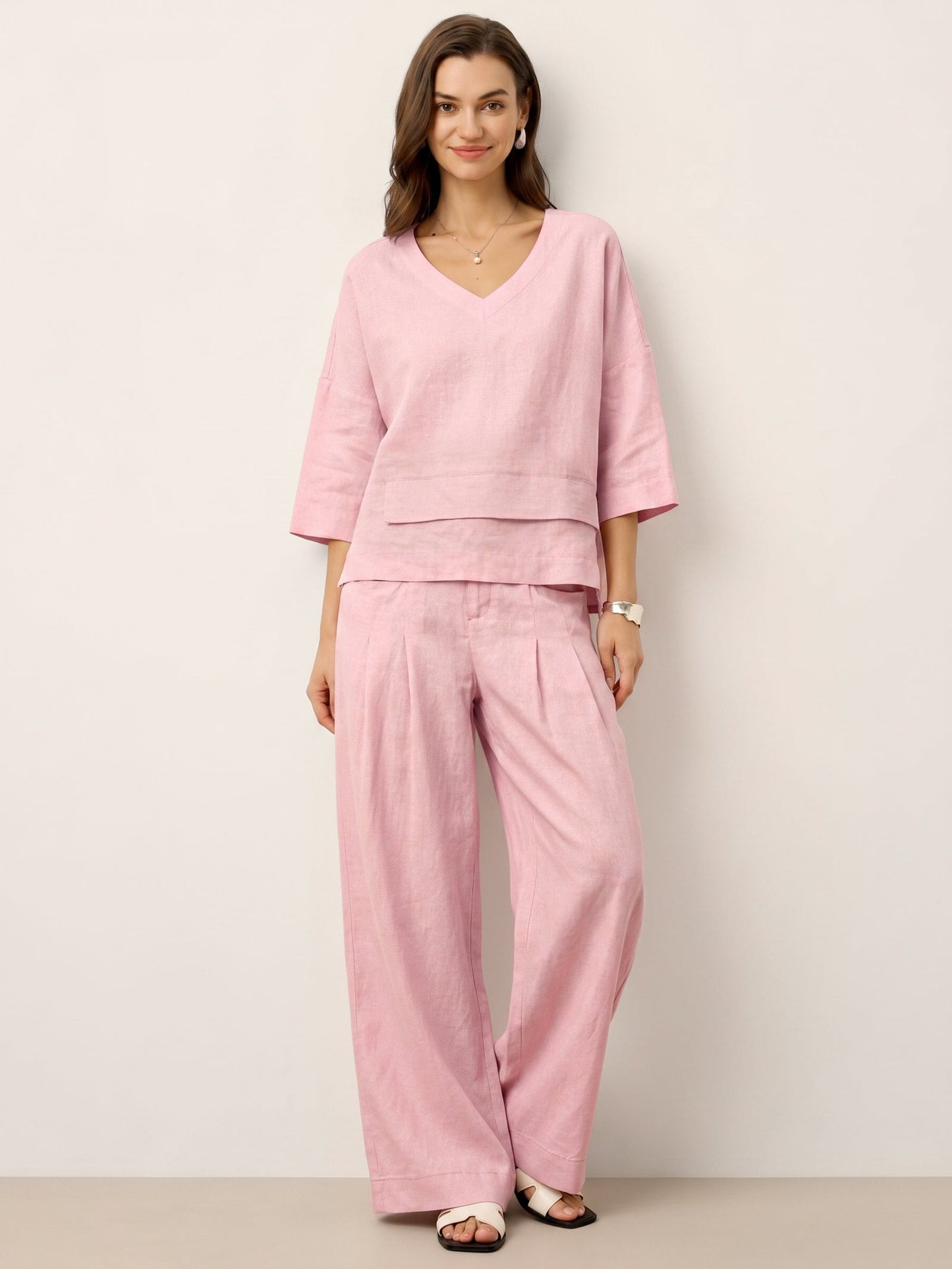 Damen-Leinentop mit V-Ausschnitt und Lagen-Saum-Tops for women-Alpenkind