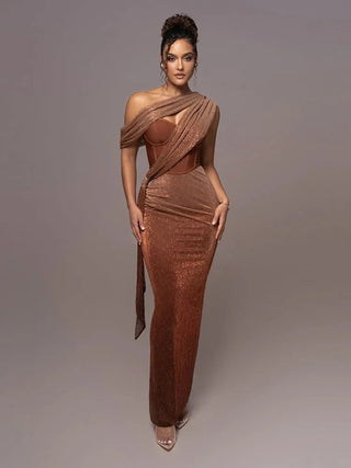 Damen Maxikleid mit asymmetrischem Schulterdesign und Drapierung-Maxi Dress-Alpenkind