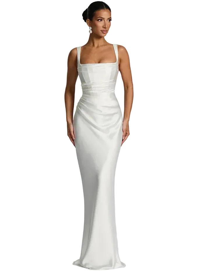 Damen Maxikleid mit geradem Ausschnitt und Drapierung-Maxi Dress-Alpenkind