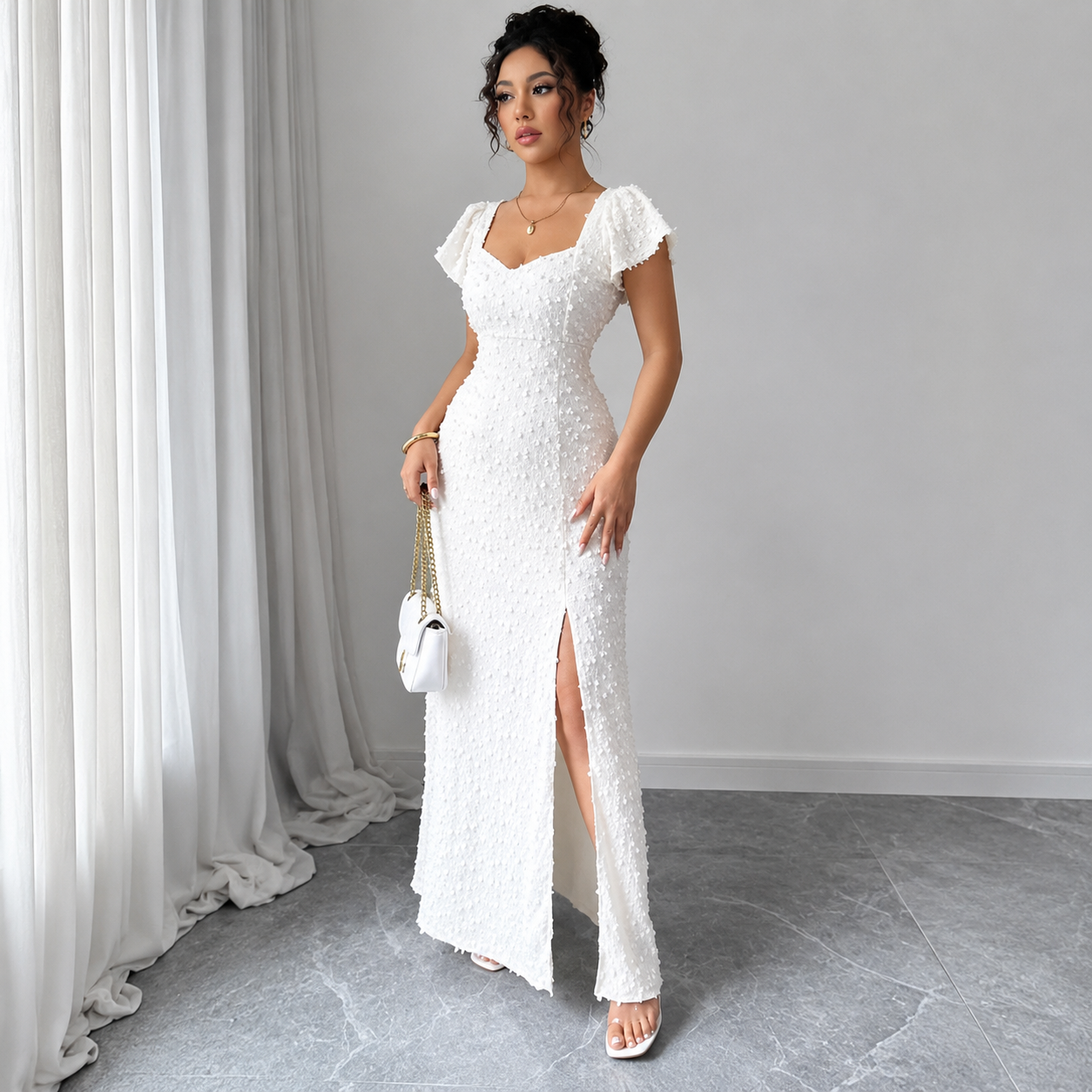 Damen Maxikleid mit Strukturmuster und Frontschlitz-Maxi Dress-Alpenkind