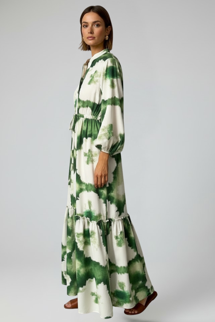 Damen Maxikleid mit V-Ausschnitt, langen Ärmeln und Taillenbindung-Maxi Dress-Alpenkind