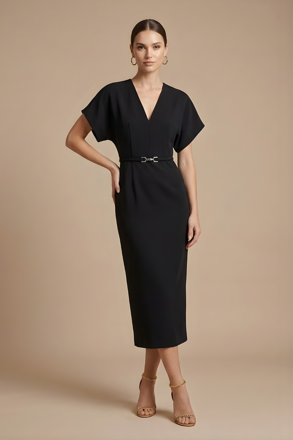 Damen Midi Kleid mit kurzen Ärmeln, V-Ausschnitt und Gürtel-Midi Dress-Alpenkind