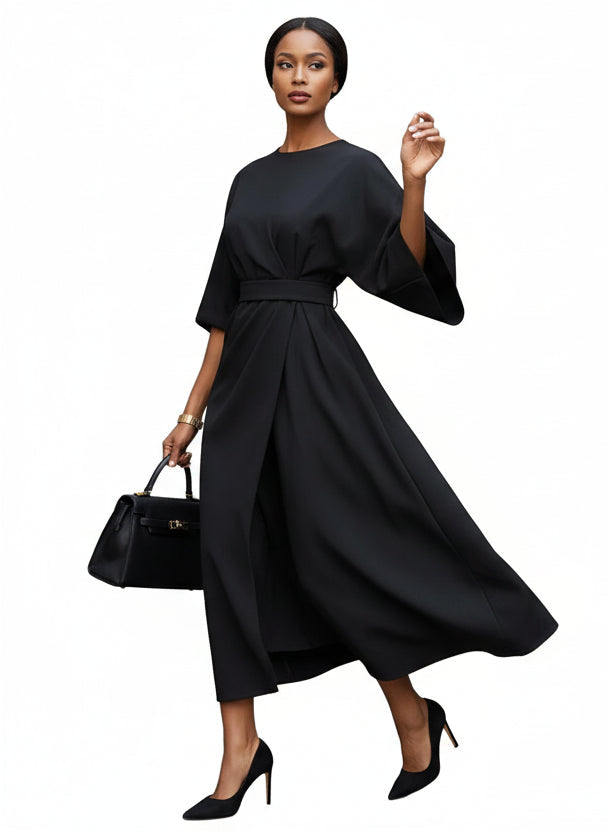 Damen Midikleid mit Gürtel und Weiten Ärmeln-Midi Dress-Alpenkind