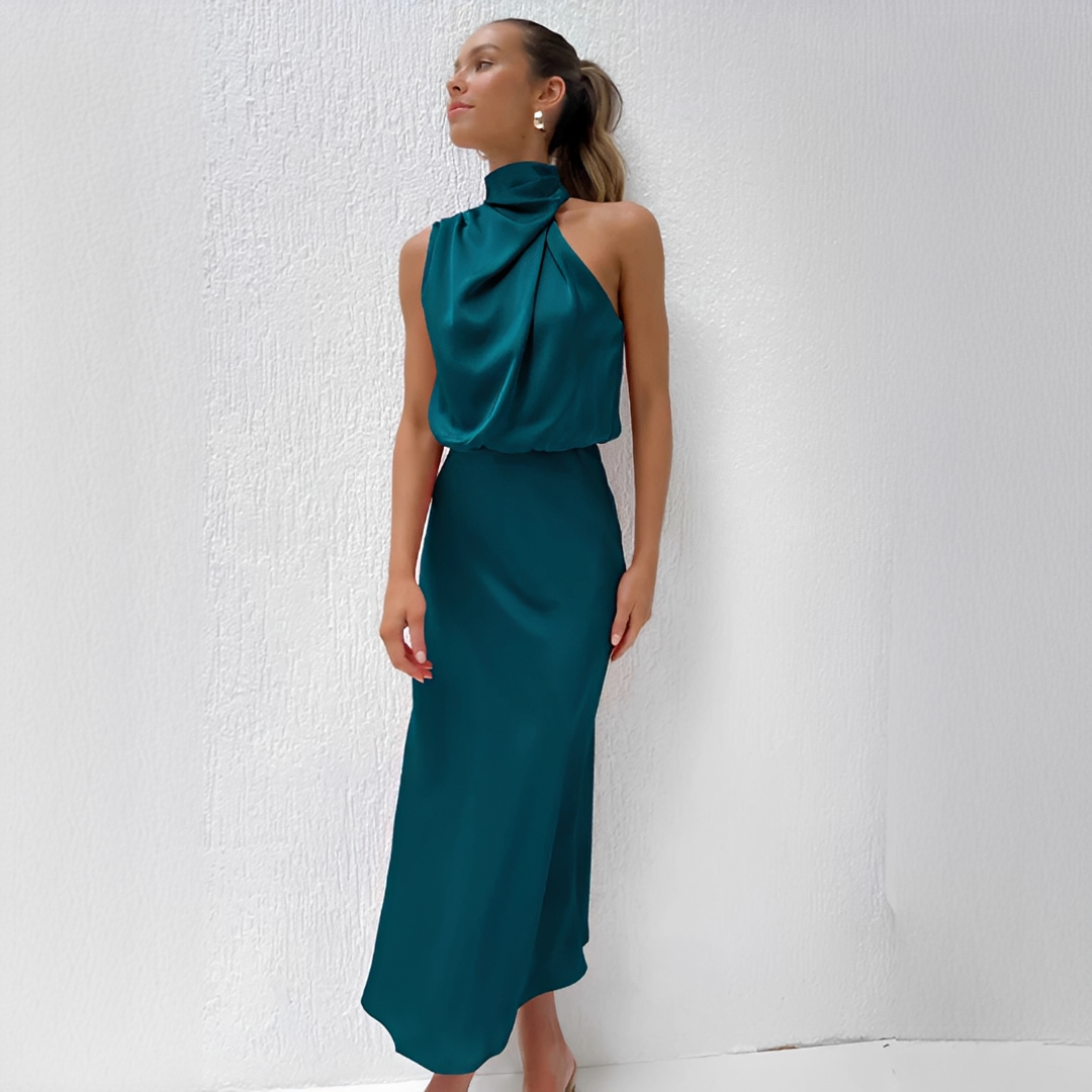 Damen Midikleid mit Halterkragen und drapiertem Oberteil-Midi Dress-Alpenkind