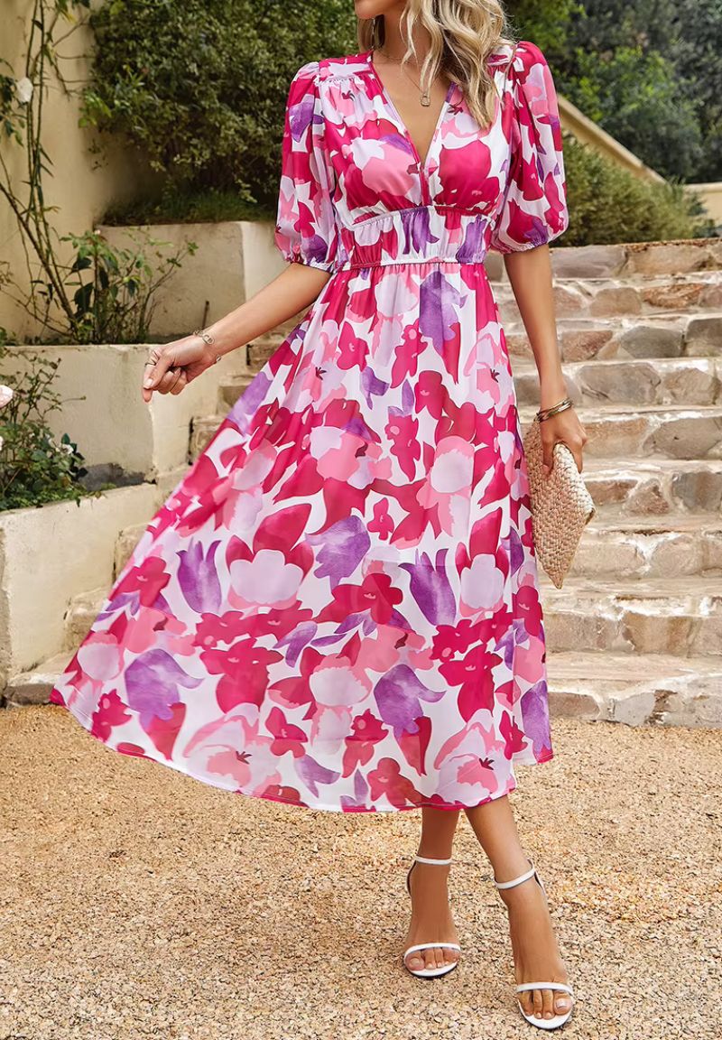 Damen Midikleid mit Print und Puffärmeln-Midi Dress-Alpenkind