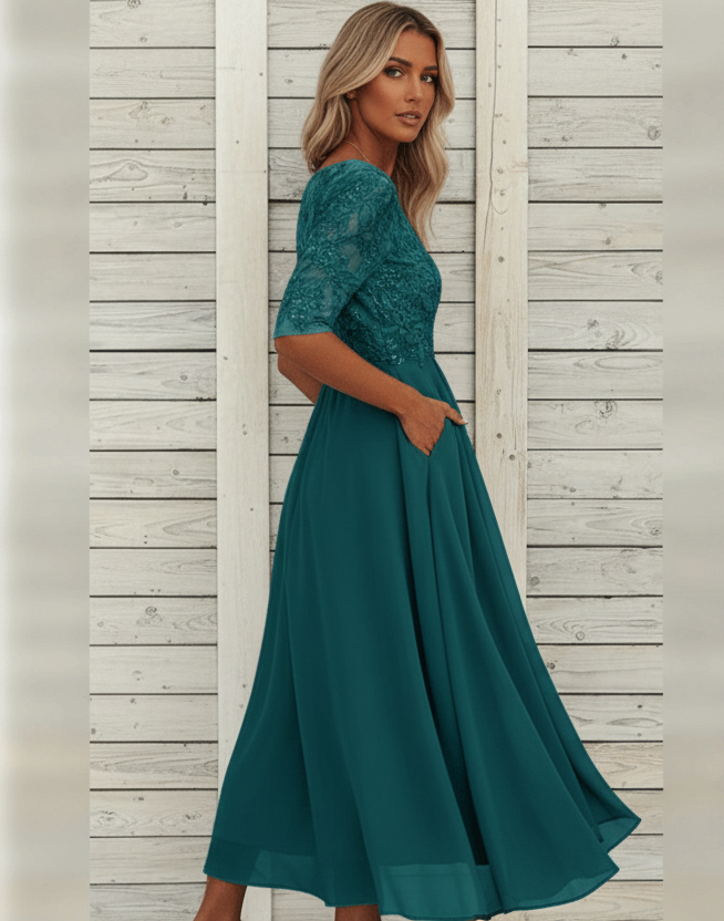 Damen MidiKleid mit Spitzenoberteil und ausgestelltem Rock-Midi Dress-Alpenkind