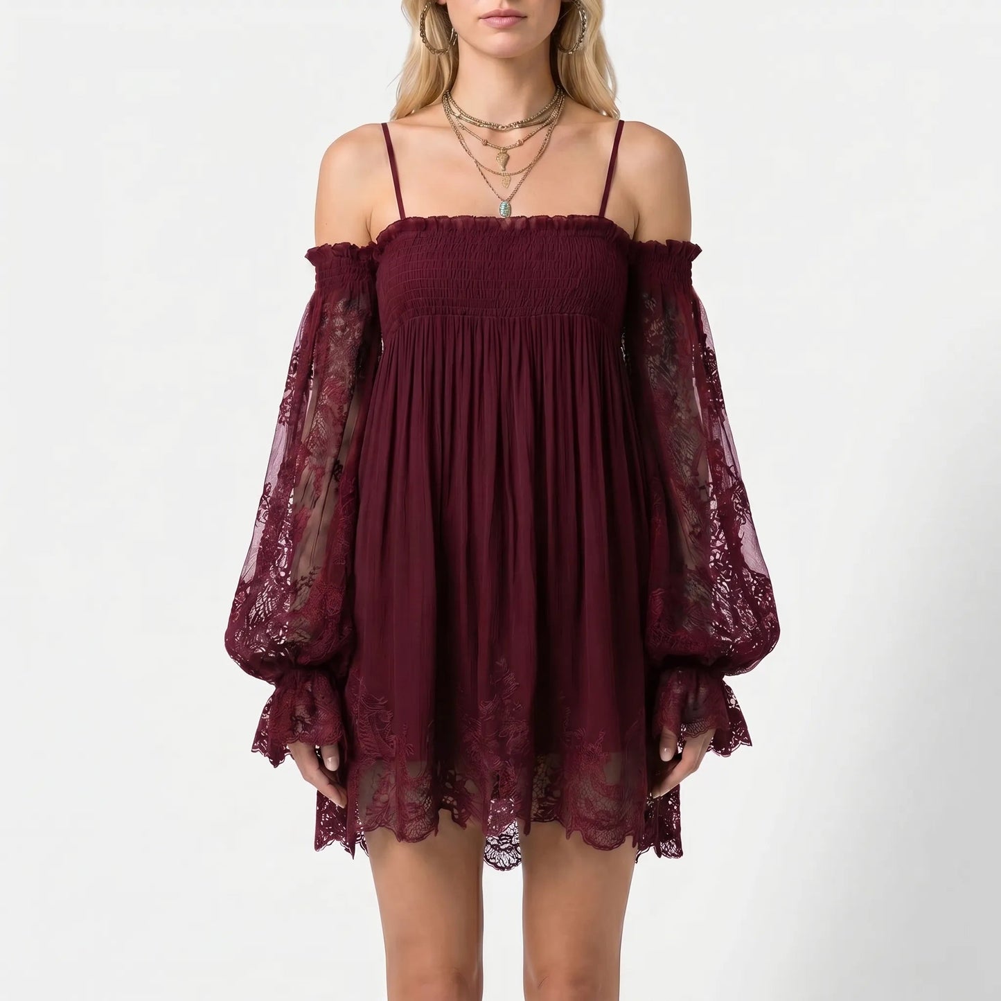 Damen Off-Shoulder Minikleid mit Spitzenärmeln-Mini Dress-Alpenkind