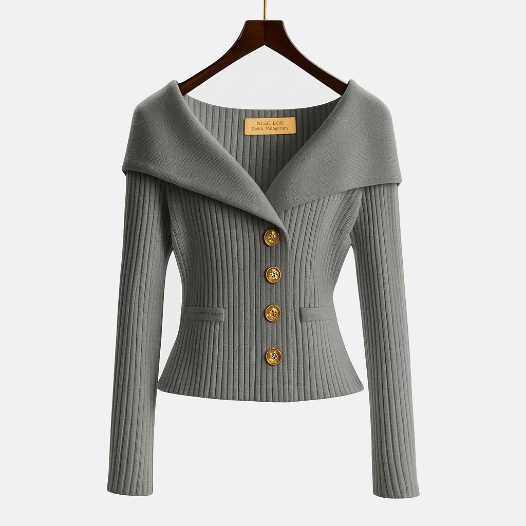 Damen-Rippstrick-Cardigan mit Off-Shoulder-Kragen und Zierknöpfen-sweater for woman-Alpenkind