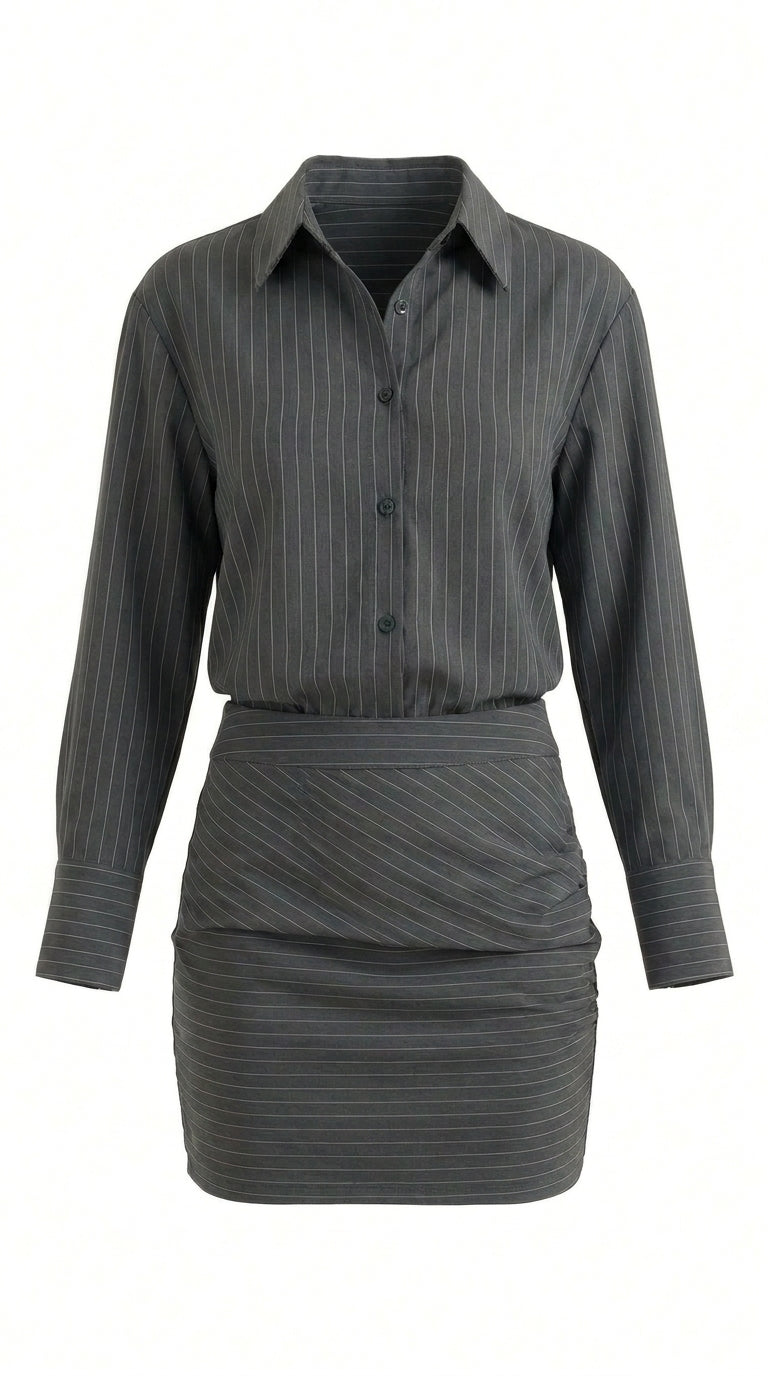 Damen-Set aus Nadelstreifen-Hemd und gerafftem Minirock-Jumpsuits for women-Alpenkind