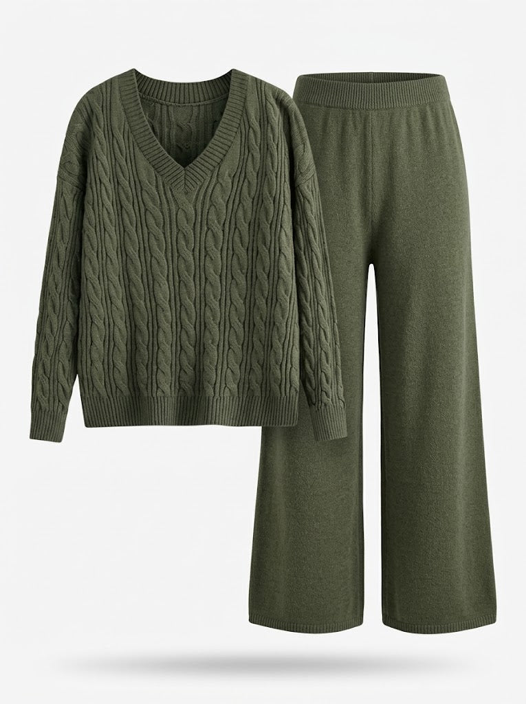 Damen-Set aus V-Ausschnitt-Zopfstrickpullover und Wide-Leg-Hose-Sets for women-Alpenkind
