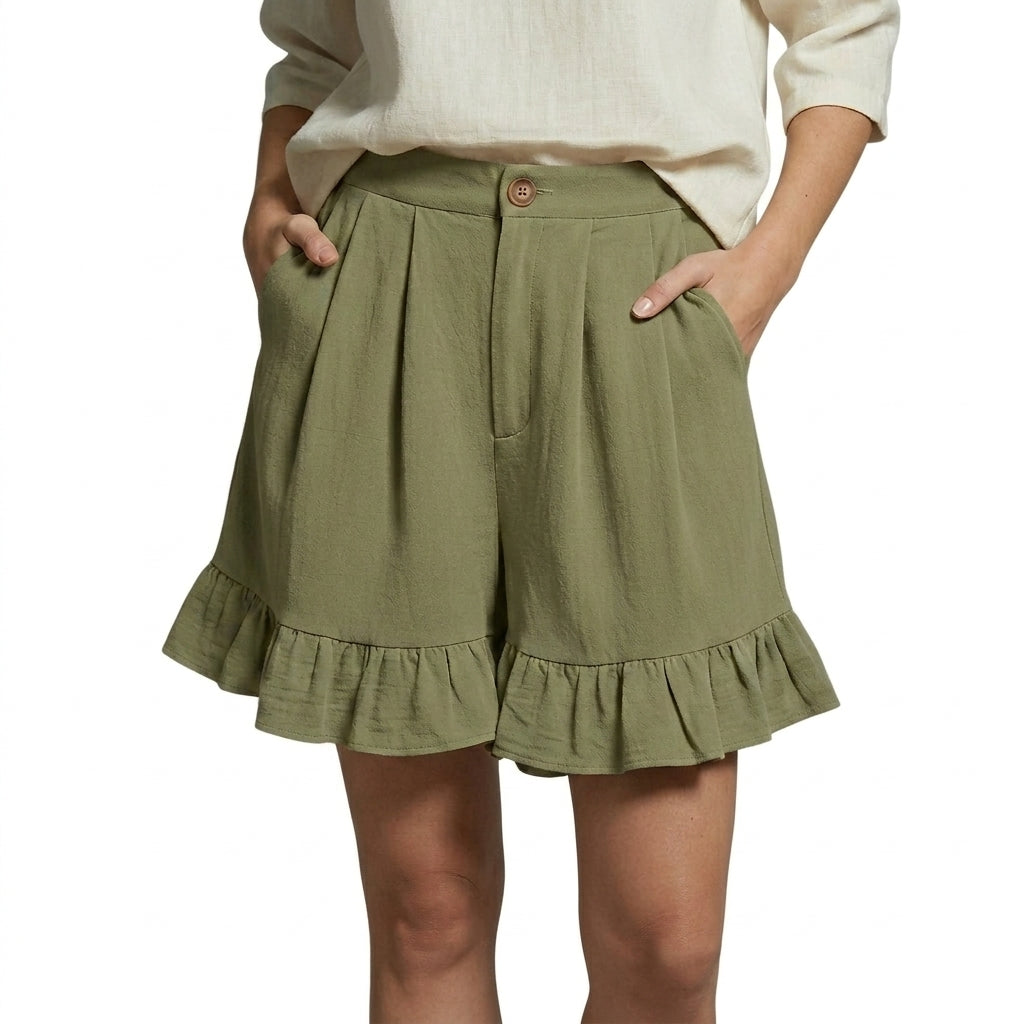 Damen Shorts mit hohem Bund und Falten und Volantsaum und Knopfverschluss-Shorts for women-Alpenkind
