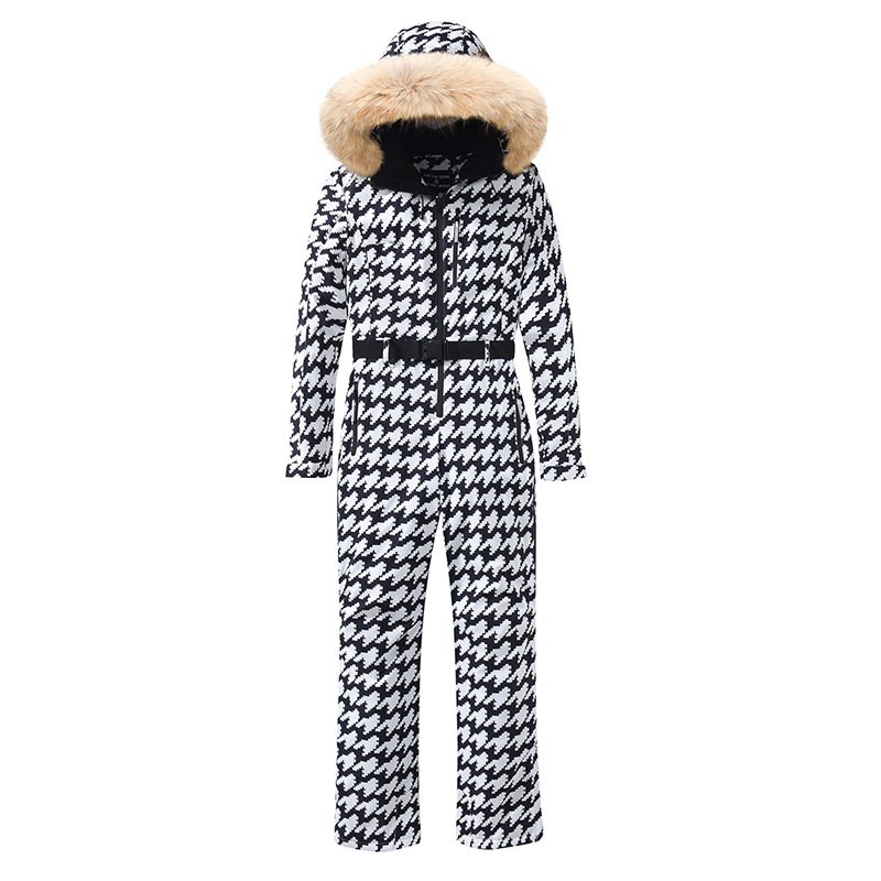 Damen-Skianzug mit Hahnentrittmuster und Kunstfellkapuze-Jumpsuits for women-Alpenkind