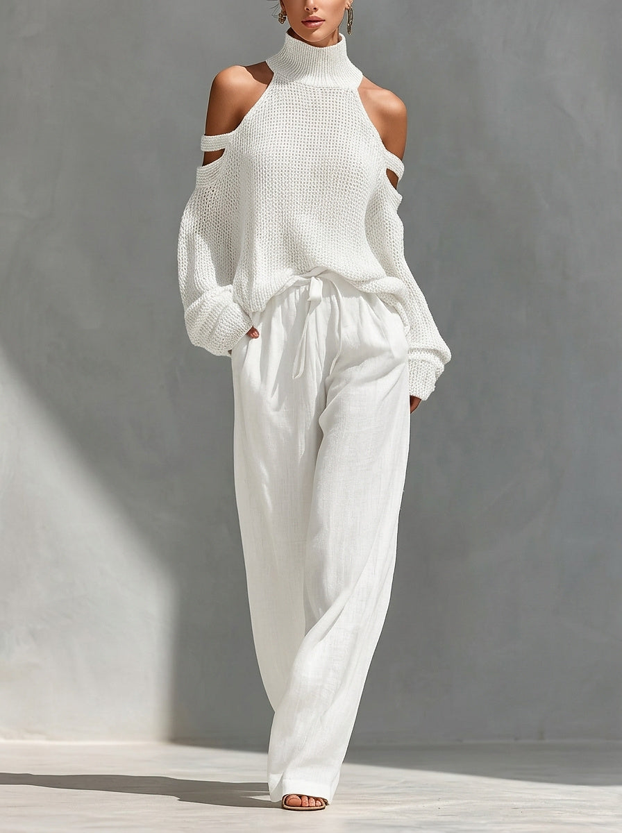 Damen Strick-Set mit Cold-Shoulder-Pullover und weitem Hosenbein-Sets for women-Alpenkind