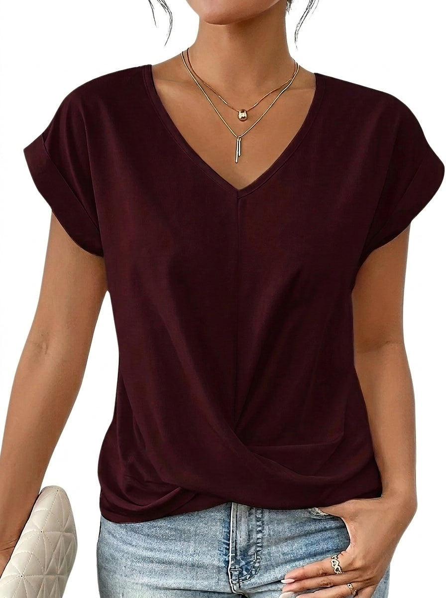 Damen-T-Shirt mit V-Ausschnitt, gekrempelten Ärmeln und Knotendetail-T-shirt for women-Alpenkind