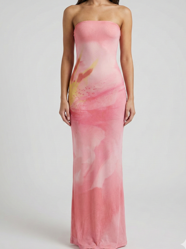 Damen trägerloses langes Kleid mit Druckmuster-Maxi Dress-Alpenkind
