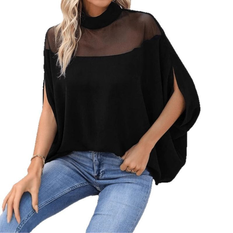 Damen-Tunika mit Stehkragen und Mesh-Einsatz-Tops for women-Alpenkind