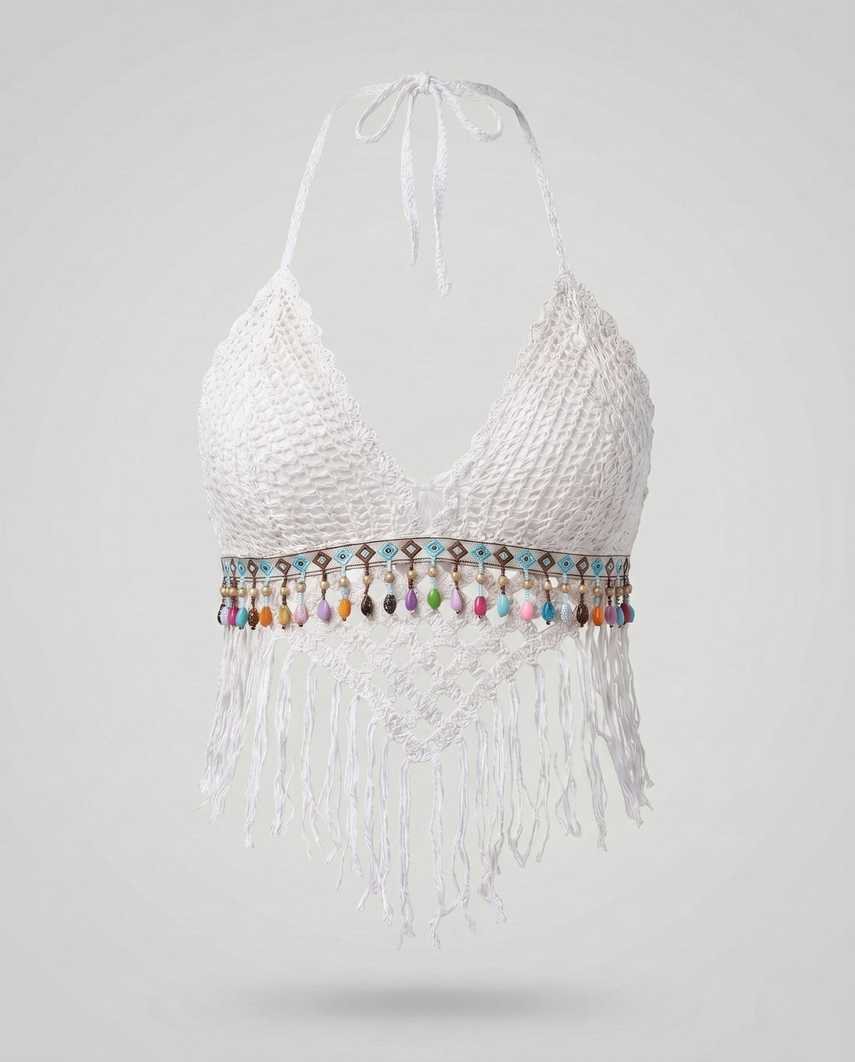 Gehäkeltes Damen-Halter-Crop-Top mit Quastensaum-Tops for women-Alpenkind