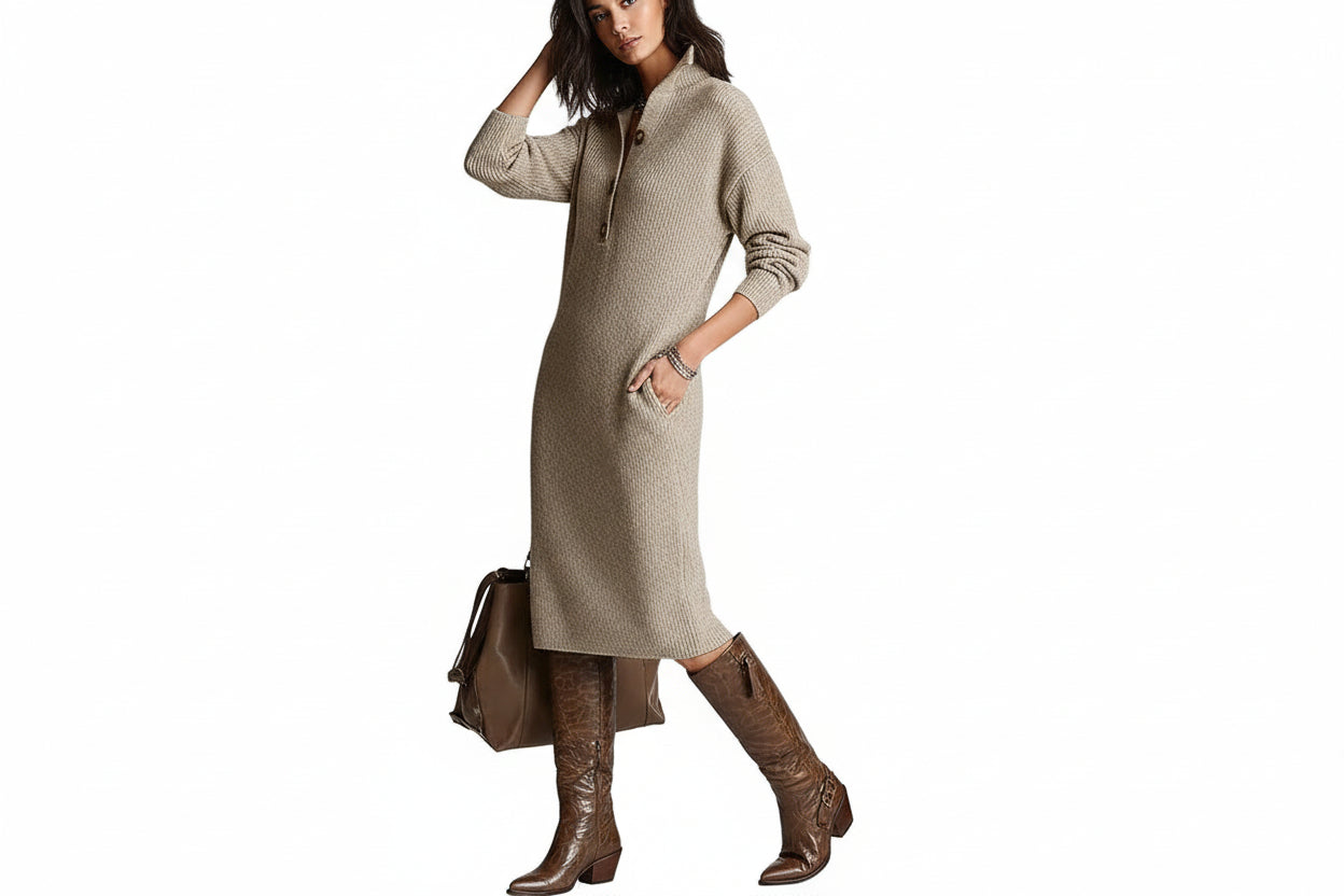 Geripptes Damen-Midikleid aus Strick mit Knopfleiste-Midi Dress-Alpenkind