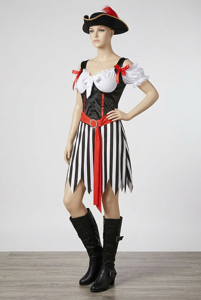Gestreiftes Piraten-Halloween-Kostümkleid für Damen-Halloween-Alpenkind