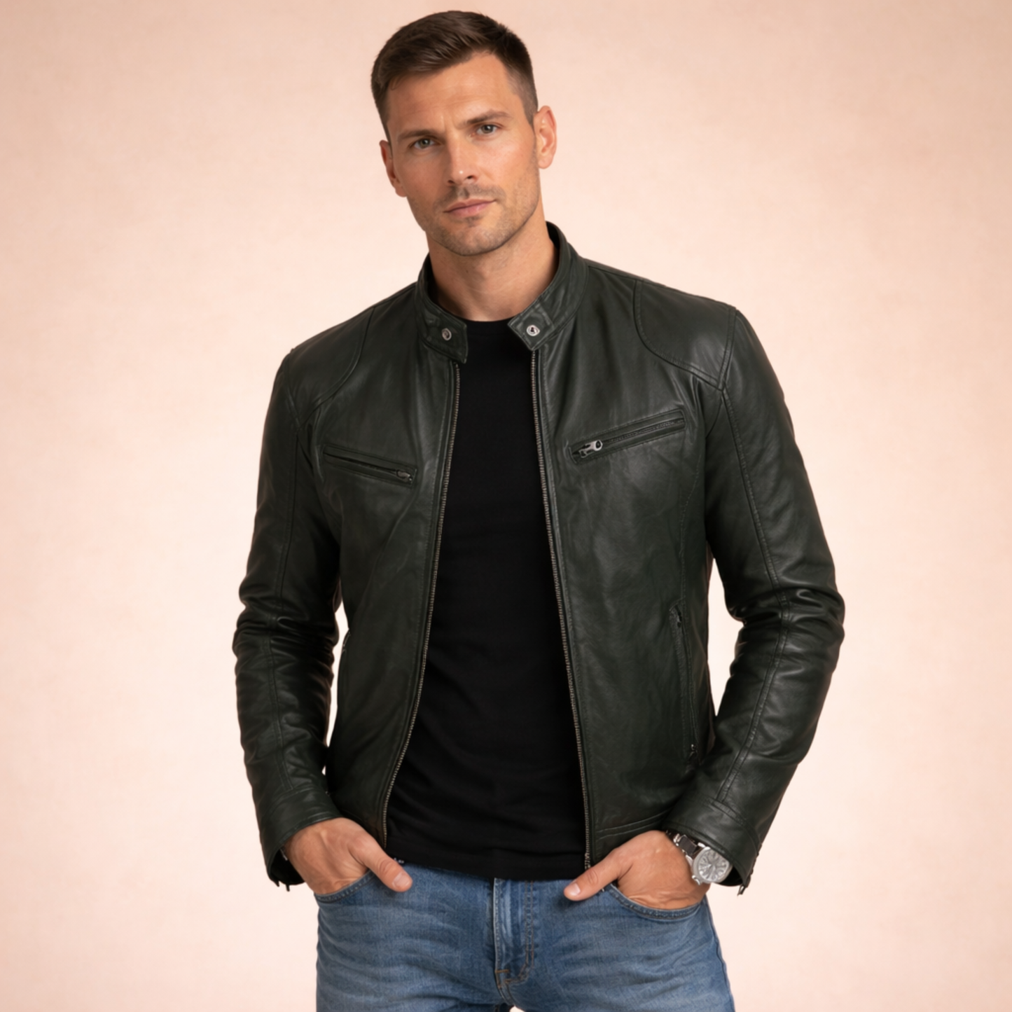 Herren Jacke mit Reißverschluss, Stehkragen und mehreren Reißverschlusstaschen-Men Jackets-Alpenkind