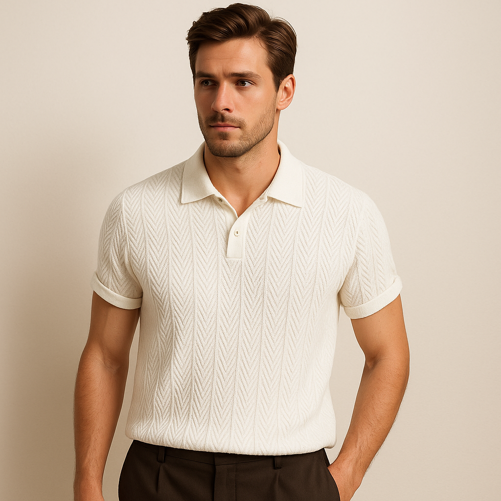 Herren Kurzarm-Polohemd mit Chevron-Strickmuster-Men Summer Shirts-Alpenkind