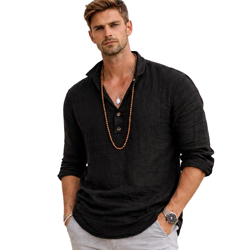 Herren-Langarmhemd mit Henley-Ausschnitt und Knopfleiste-Shirts for men-Alpenkind