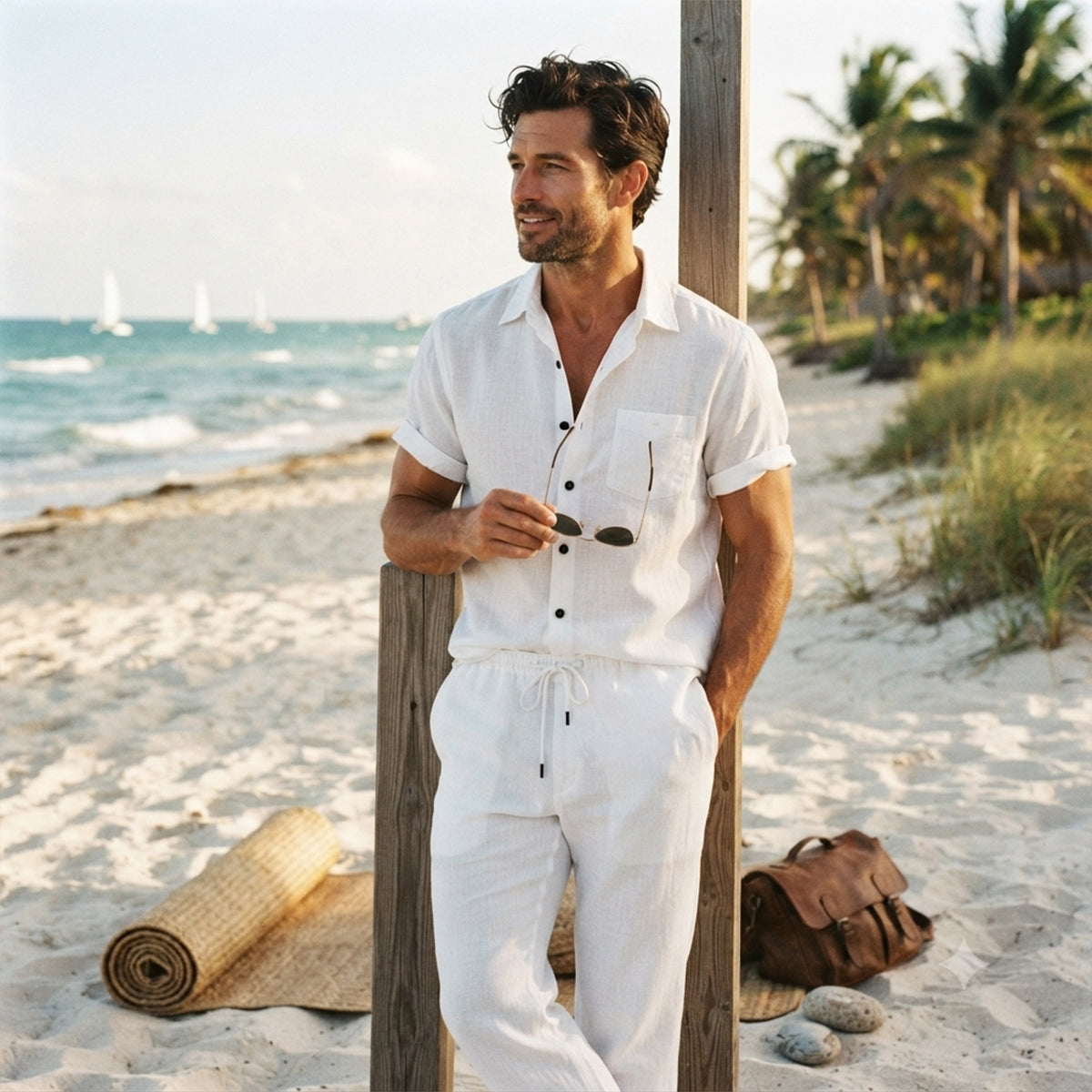 Herren-Set aus kurzärmeligem Hemd mit Knopfleiste und Hose mit Kordelzug-Sets for Men-Alpenkind