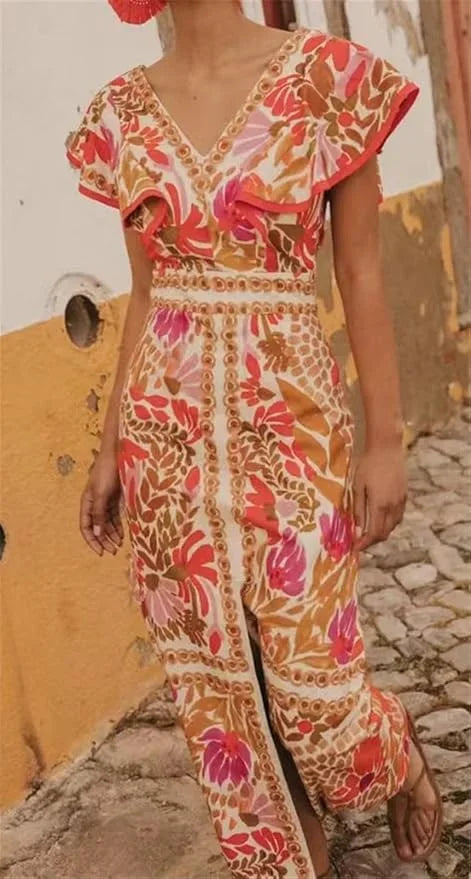 Maxikleid mit Blumenmuster und V-Ausschnitt für Damen-Maxi dresses-Alpenkind