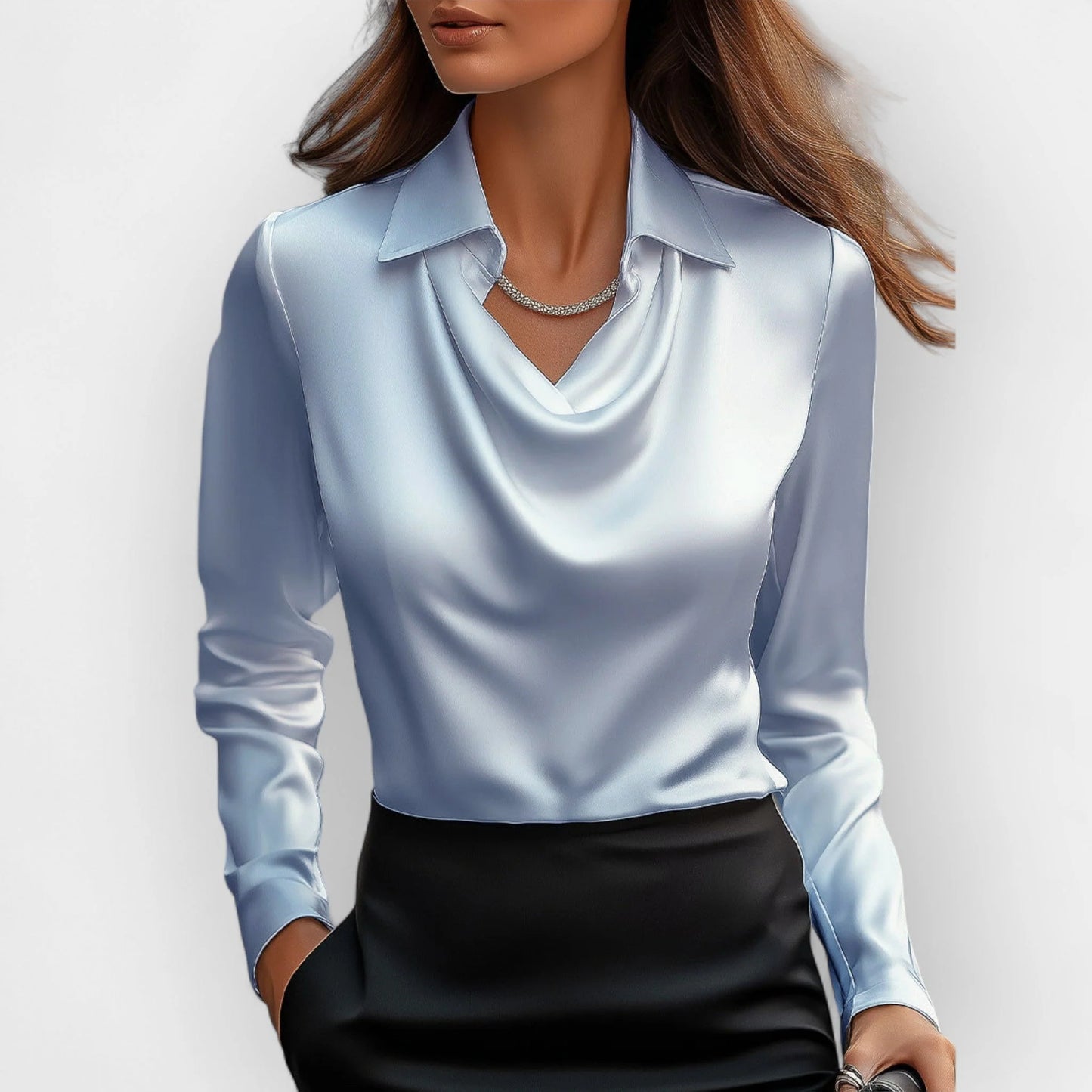 Elegante Damen Satinbluse mit Wasserfallkragen – Zeitlos & Feminin