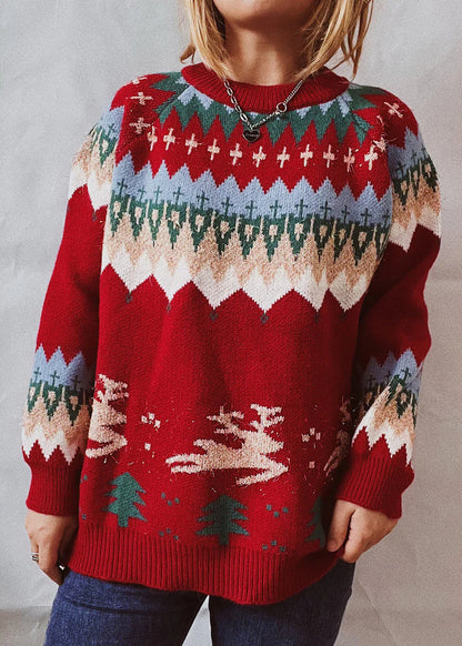 Damen Weihnachtspullover – Fair-Isle Winterstrick – Rentier & Tannenbaum Muster