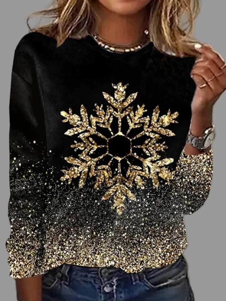 Damen Weihnachtspullover mit goldenen Schneeflocken – Warmer Strick für Winter & Festtage