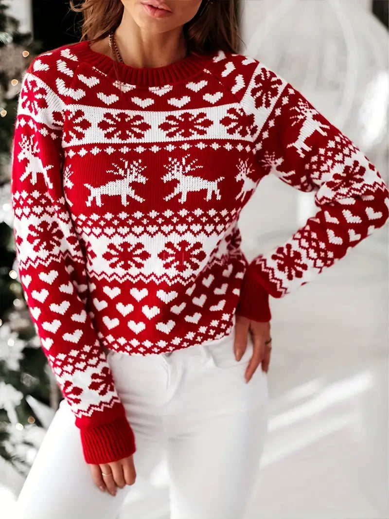 Damen Weihnachts Pullover – Rentier & Herz Muster – Warmer Winterstrick & Festliches Design