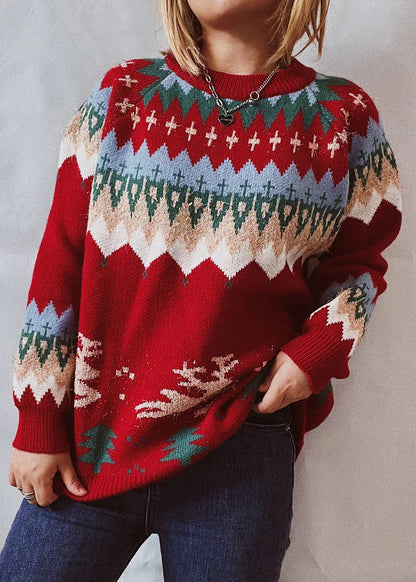 Damen Weihnachtspullover – Fair-Isle Winterstrick – Rentier & Tannenbaum Muster