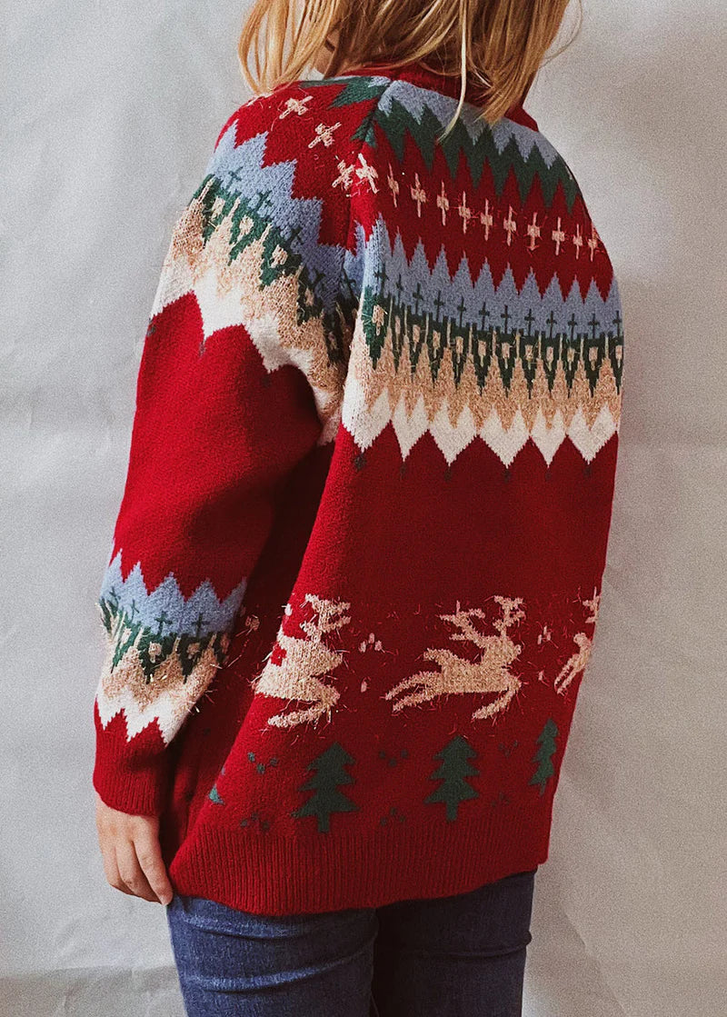 Damen Weihnachtspullover – Fair-Isle Winterstrick – Rentier & Tannenbaum Muster