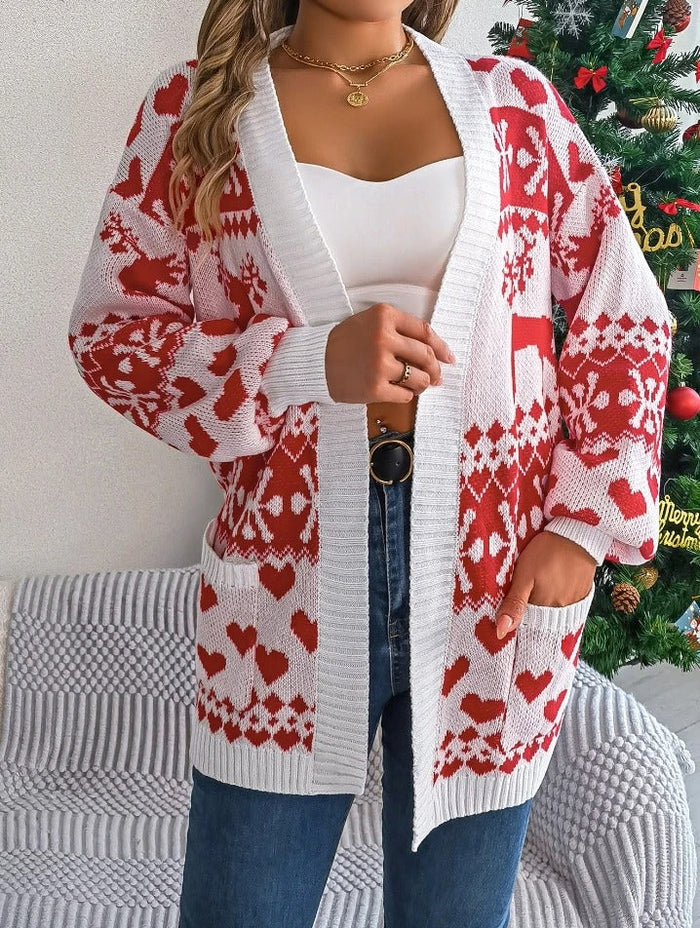 Damen Weihnachts Cardigan – Jacquard Strick – Oversize Passform & Winter Komfort
