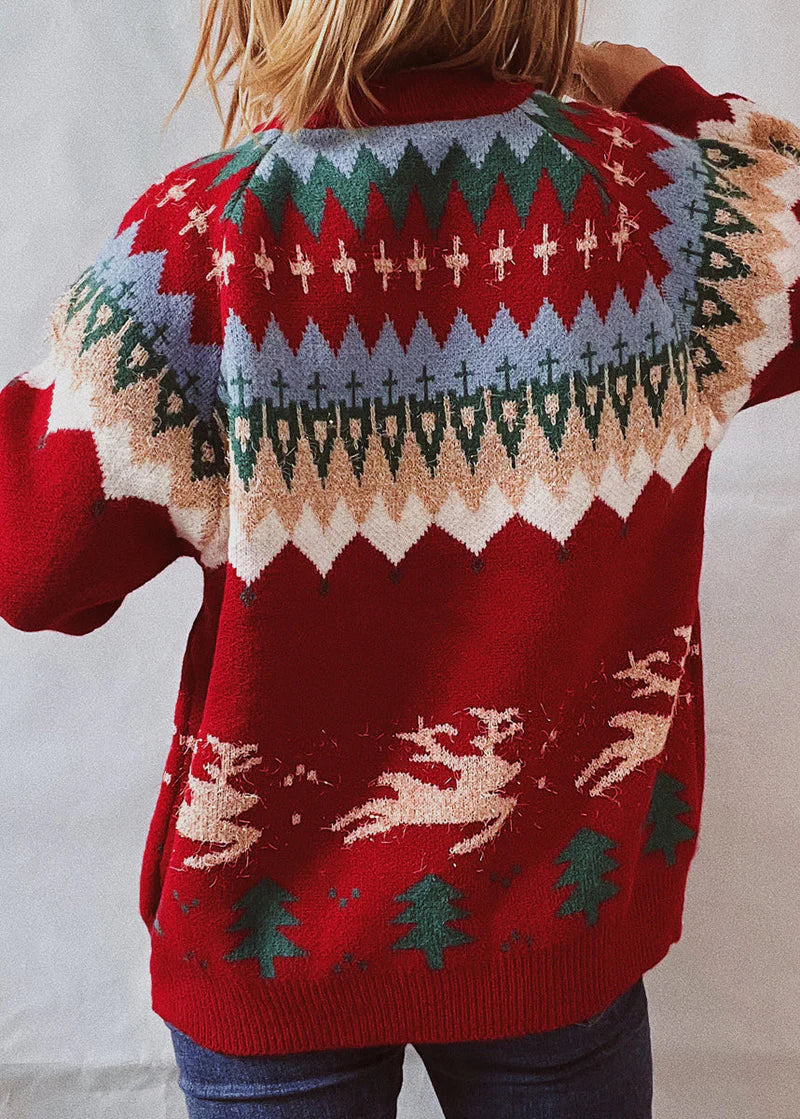 Damen Weihnachtspullover – Fair-Isle Winterstrick – Rentier & Tannenbaum Muster