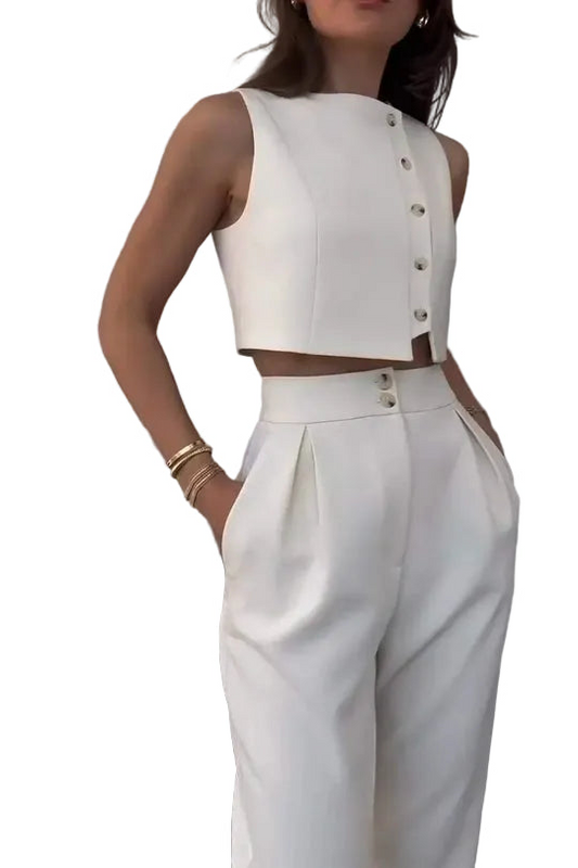 Damen-Zweiteiler mit ärmellosem Oberteil und Hose mit geradem Bein-Alpenkind