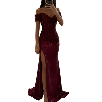 Abendkleid für Damen mit schulterfreiem Ausschnitt und Paillettenverzierungen-Midi Dress-Alpenkind