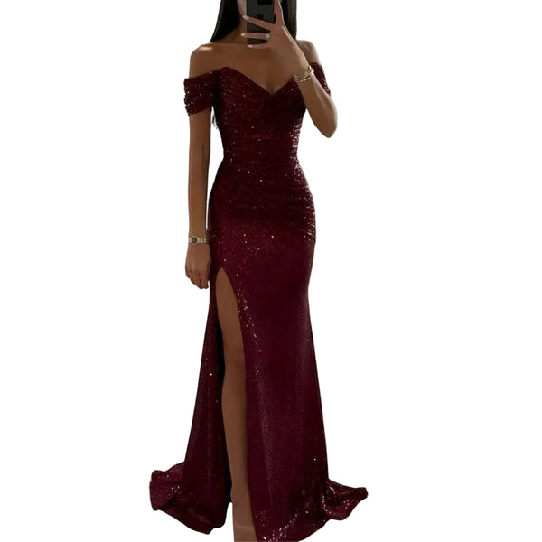 Abendkleid für Damen mit schulterfreiem Ausschnitt und Paillettenverzierungen-Midi Dress-Alpenkind