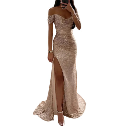 Abendkleid für Damen mit schulterfreiem Ausschnitt und Paillettenverzierungen-Midi Dress-Alpenkind