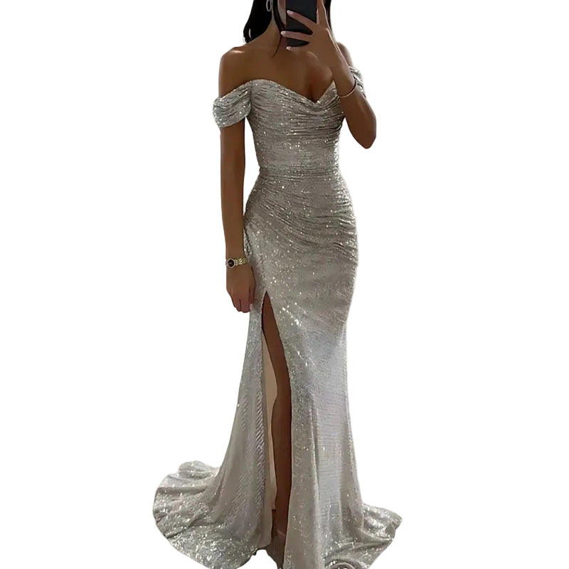 Abendkleid für Damen mit schulterfreiem Ausschnitt und Paillettenverzierungen-Midi Dress-Alpenkind