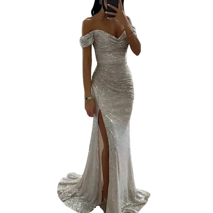 Abendkleid für Damen mit schulterfreiem Ausschnitt und Paillettenverzierungen-Midi Dress-Alpenkind